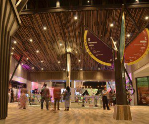 Custom composite beam ceiling cladding installation at Kumasi City Mall in Kumasi, Ghana.